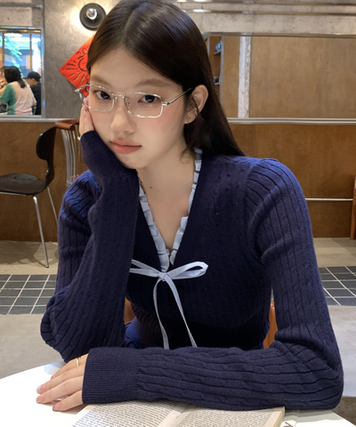 配色リボンVネックリブニット＋プリーツミニスカート 2点セット