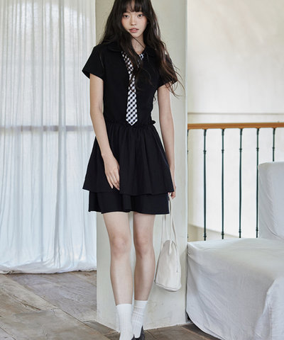 ギンガムチェックフェイクネクタイ付きティアードワンピース