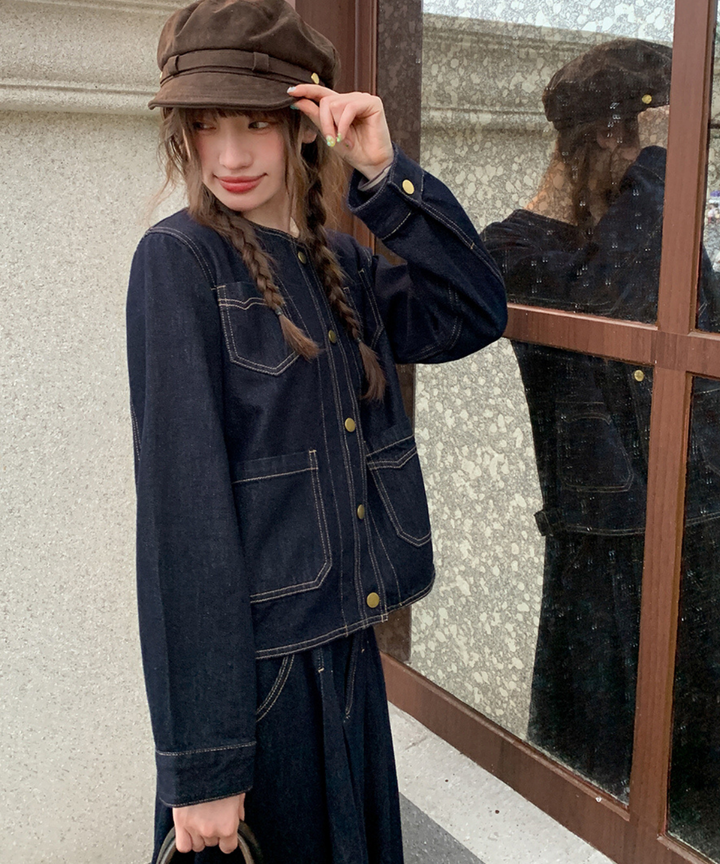 ノーカラー前開きステッチデニムジャケット（セットアップ可