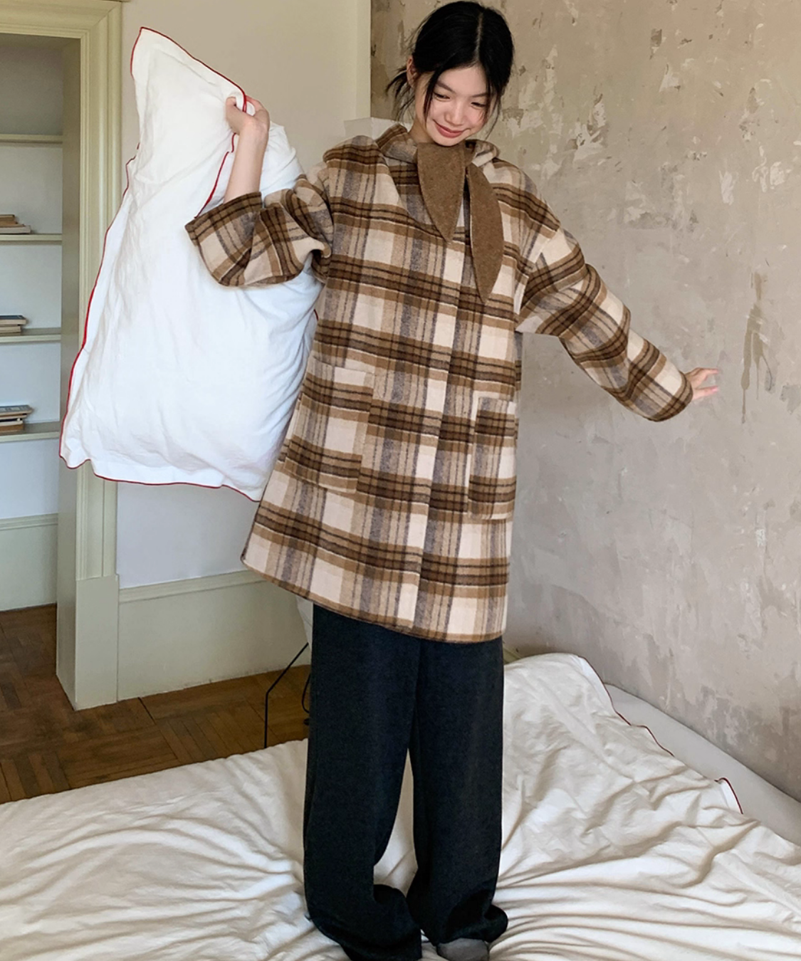 無地×チェックリバーシブルダッフルコート