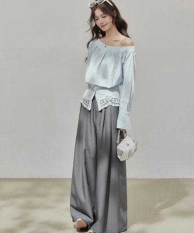 ワンショルレース切替シャーリングブラウス