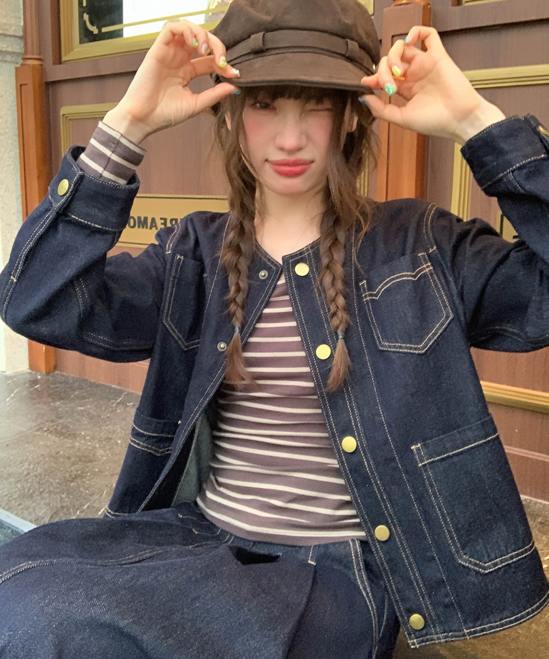 ノーカラー前開きステッチデニムジャケット（セットアップ可