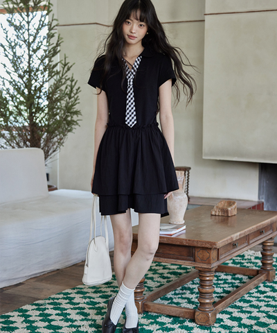 ギンガムチェックフェイクネクタイ付きティアードワンピース