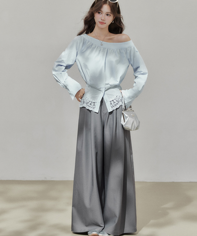 ワンショルレース切替シャーリングブラウス