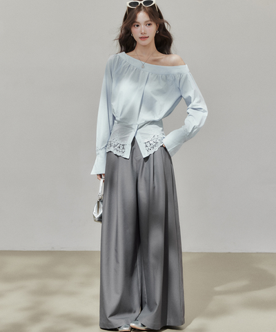 ワンショルレース切替シャーリングブラウス