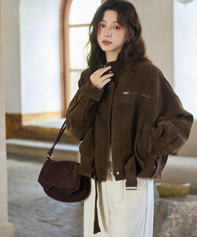 スタンドカラーベルト付きショートジャケット