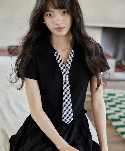 ギンガムチェックフェイクネクタイ付きティアードワンピース