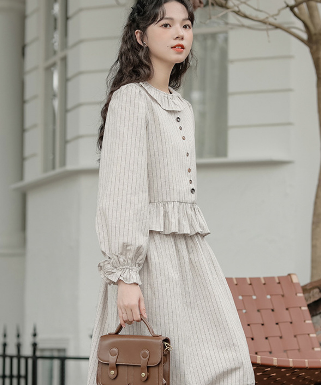 フリル襟ペプラムブラウス＋ストライプフレアスカート 2点セット