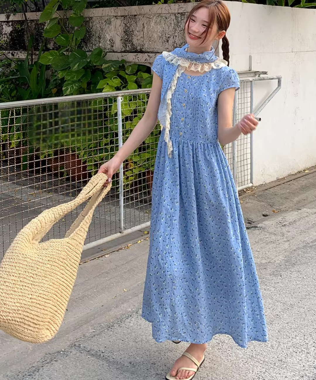 【美品】LEONARD シルク100% 花柄 ベルト ロングワンピース 水色 M スカーフ付き小花柄ピンタックロングワンピース – jemiremi（ジェミレミ）