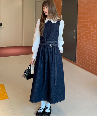 ウエストデザインデニムノースリーブワンピース