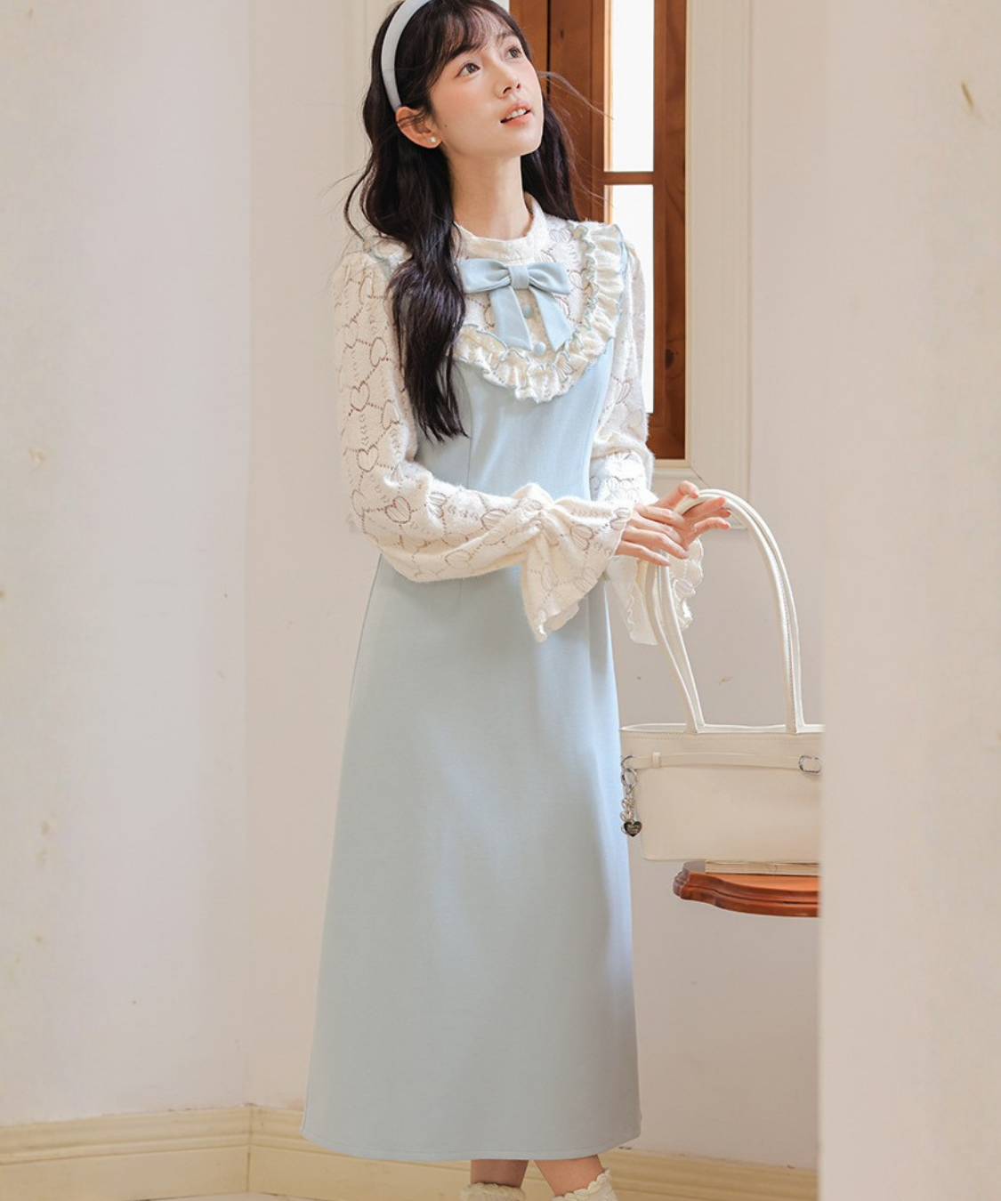 フリルリボンレーススリーブワンピース