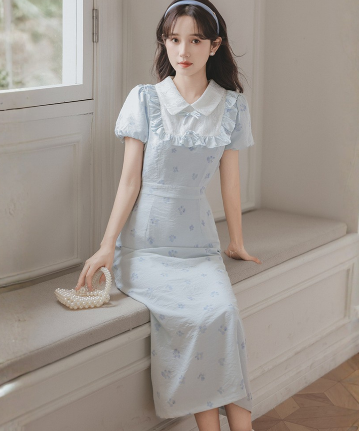 襟付き フリル 花柄 ワンピース ホワイト 襟付きフリル花柄半袖ワンピース – jemiremi（ジェミレミ）