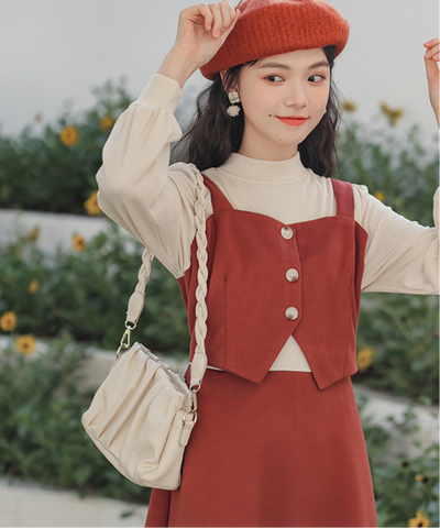 肩紐付きビスチェ風フェイクレイヤードワンピース