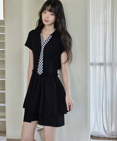 ギンガムチェックフェイクネクタイ付きティアードワンピース