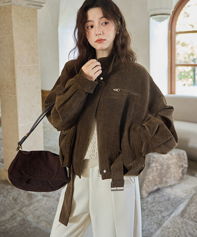 スタンドカラーベルト付きショートジャケット