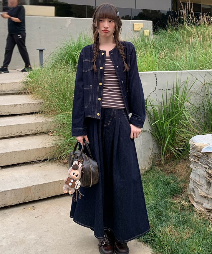 ノーカラー前開きステッチデニムジャケット（セットアップ可