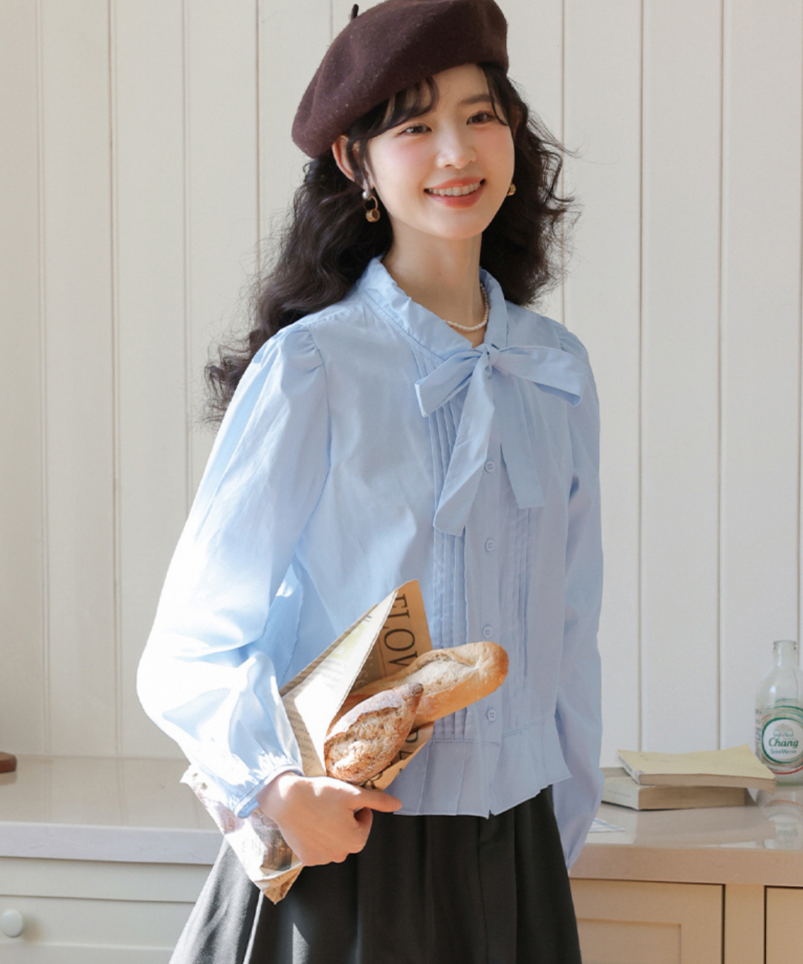 裾プリーツボウタイブラウス＋ショートニットベスト 2点セット