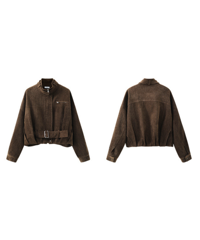 スタンドカラーベルト付きショートジャケット