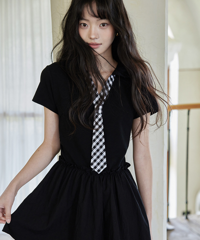 ギンガムチェックフェイクネクタイ付きティアードワンピース