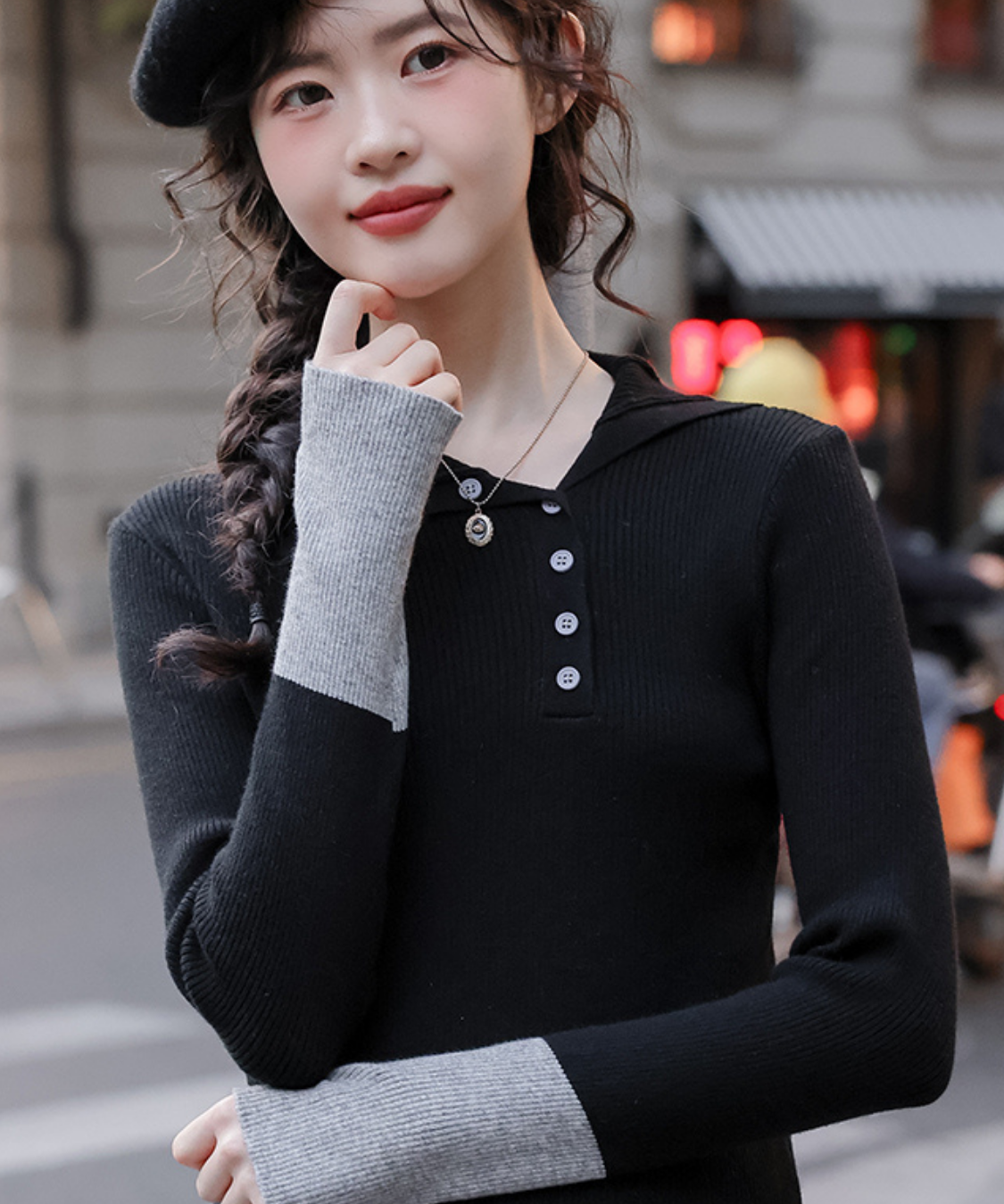 配色カフスリブニットトップス