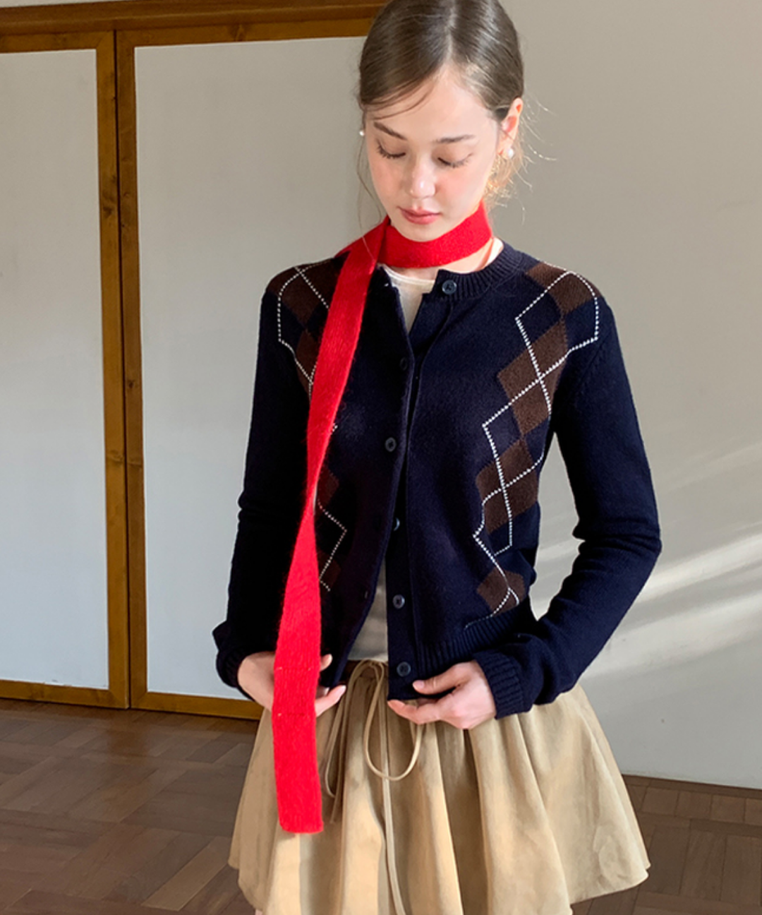 アーガイル柄クルーネックニットカーディガン – jemiremi（ジェミレミ）