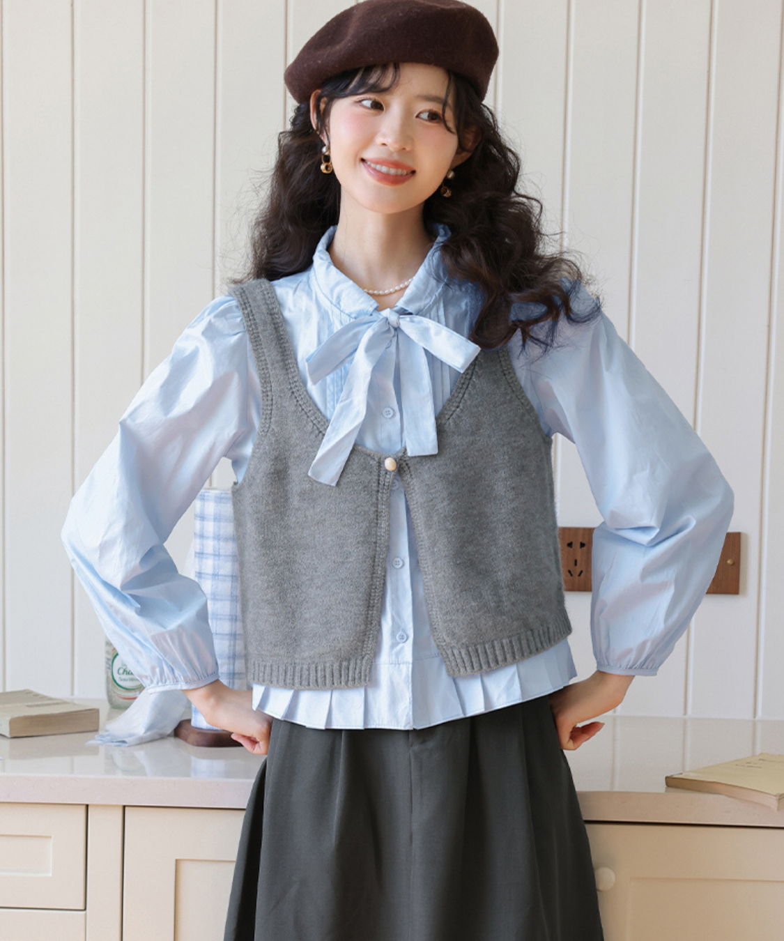 裾プリーツボウタイブラウス＋ショートニットベスト 2点セット