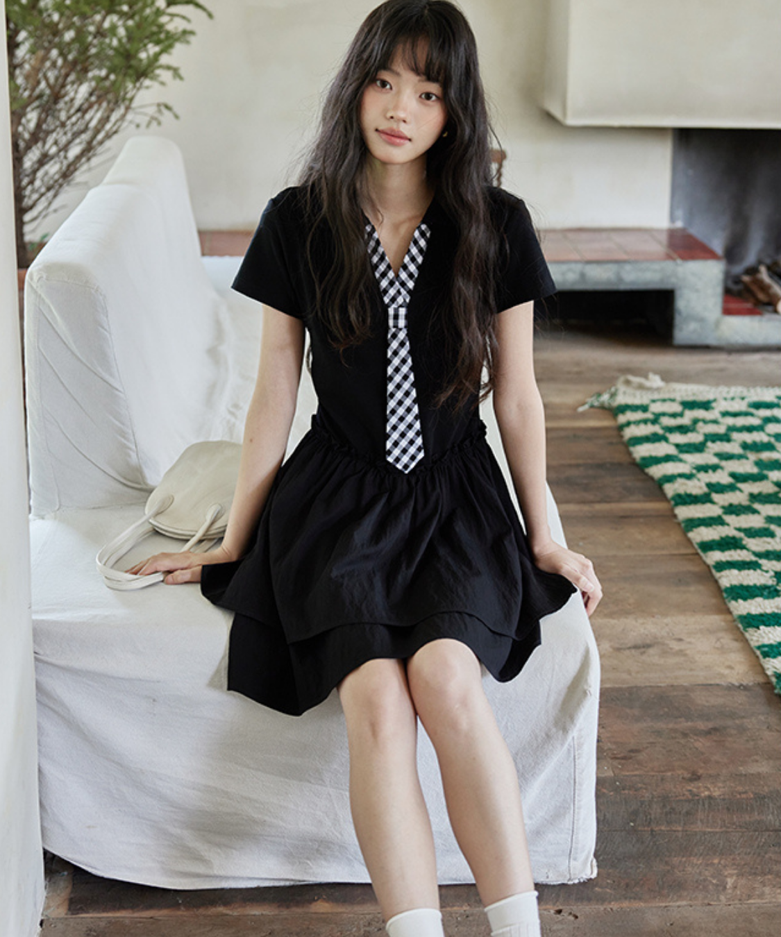 ギンガムチェックフェイクネクタイ付きティアードワンピース