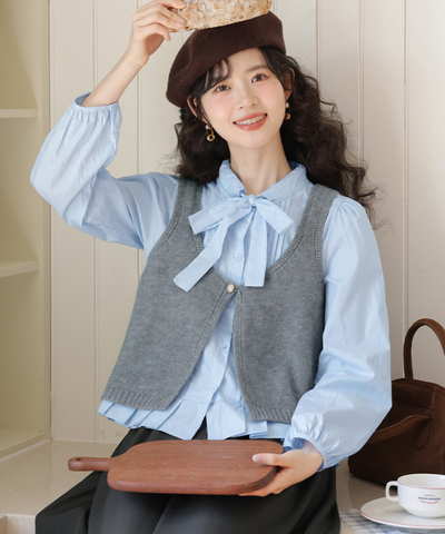 裾プリーツボウタイブラウス＋ショートニットベスト 2点セット