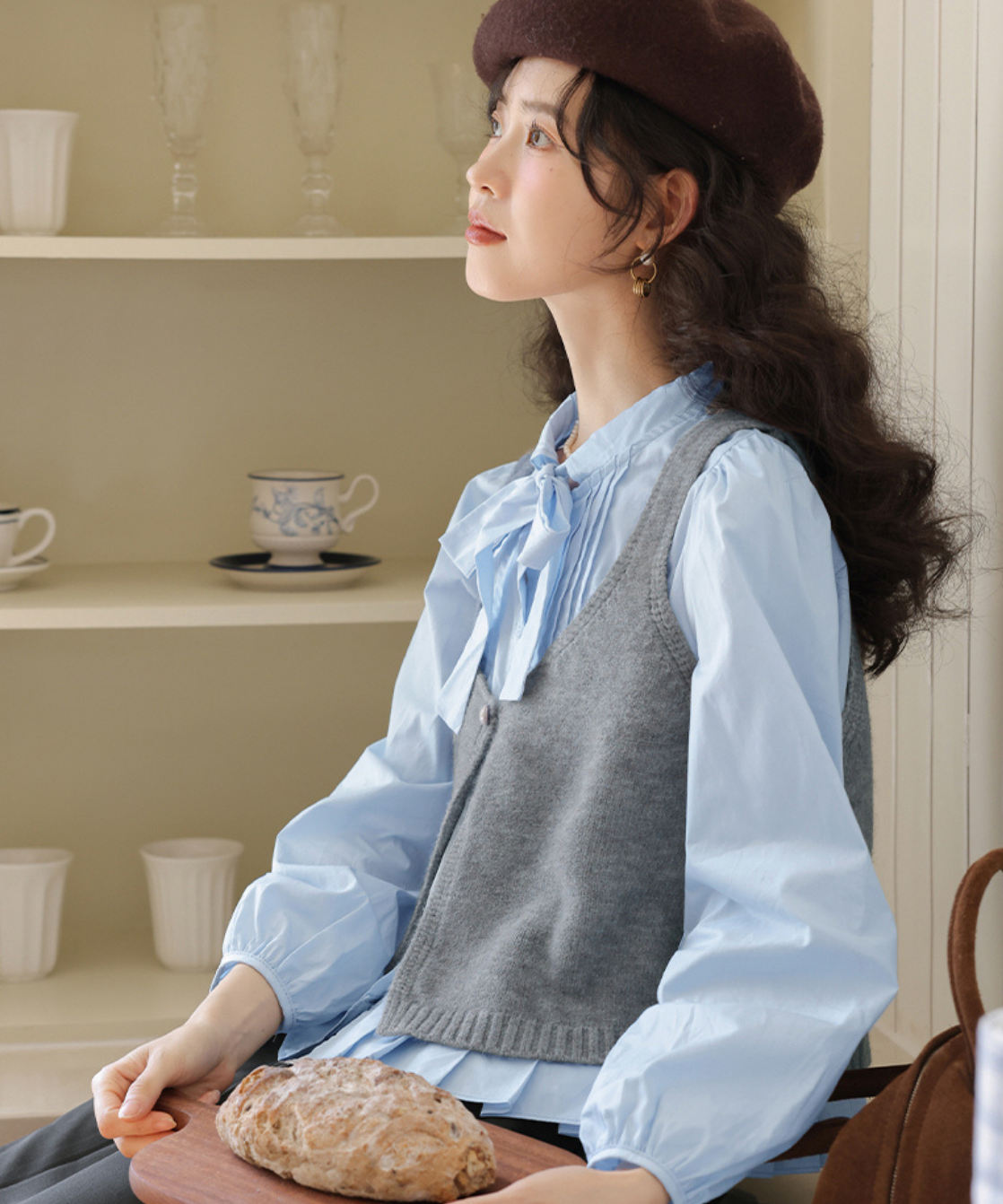 裾プリーツボウタイブラウス＋ショートニットベスト 2点セット