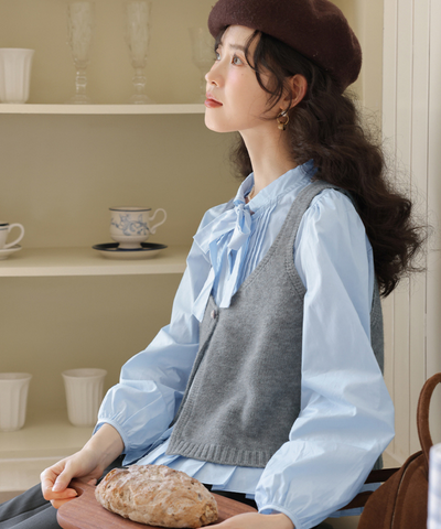 裾プリーツボウタイブラウス＋ショートニットベスト 2点セット