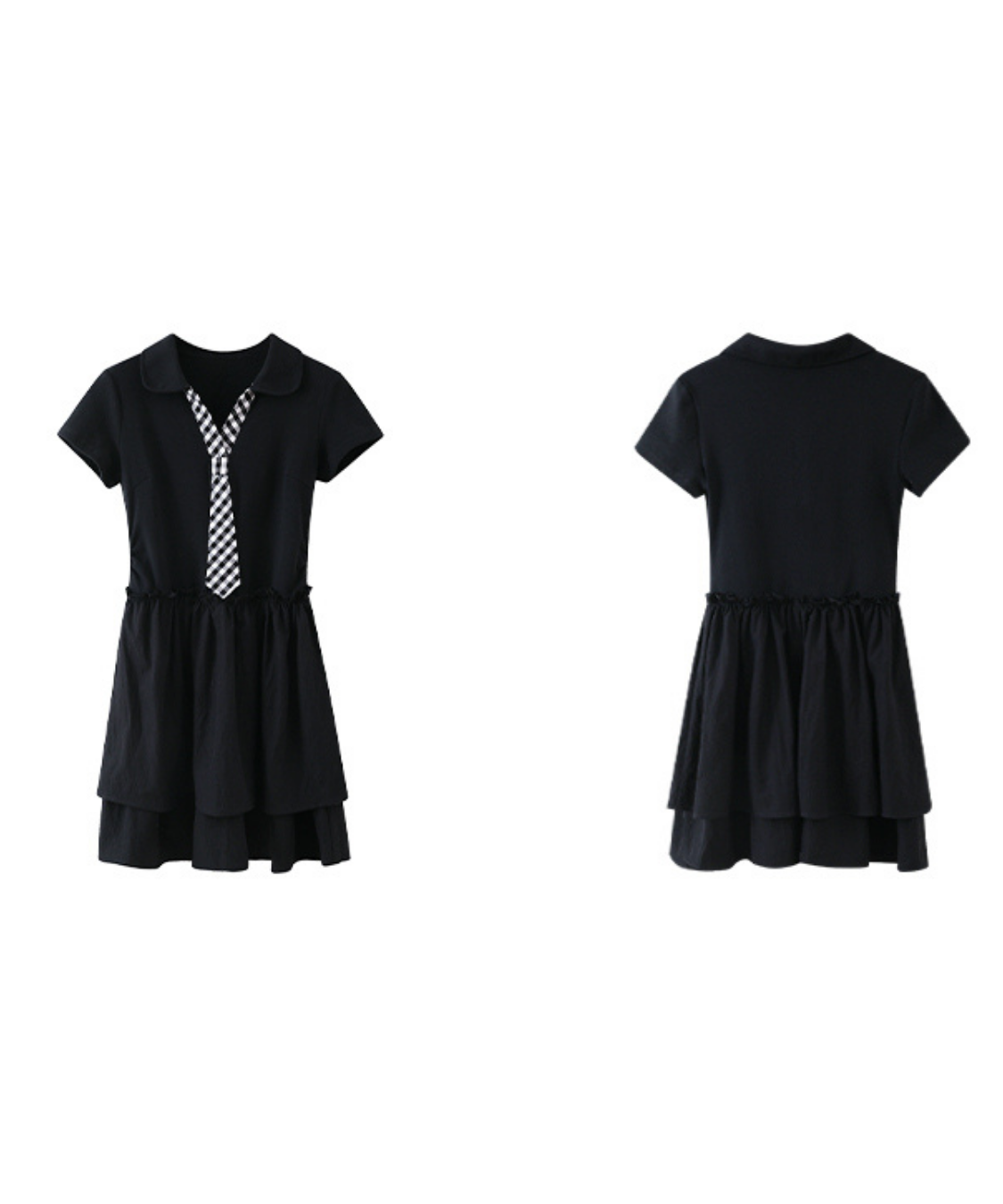 ギンガムチェックフェイクネクタイ付きティアードワンピース