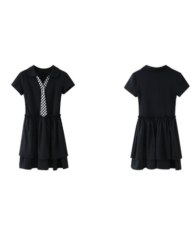 ギンガムチェックフェイクネクタイ付きティアードワンピース