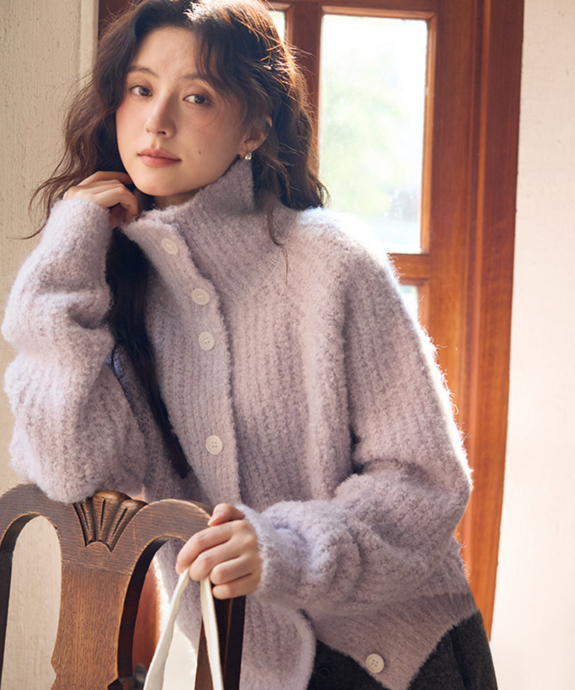 スタンドネックモヘア調オーバーサイズカーディガン