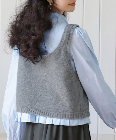 裾プリーツボウタイブラウス＋ショートニットベスト 2点セット