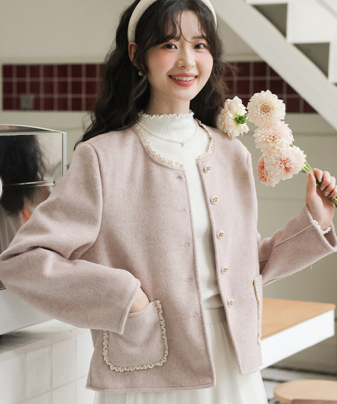 フェミニン配色フリルパイピングジャケット