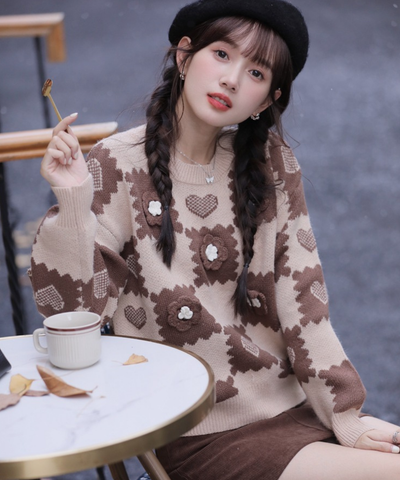 フラワーモチーフハート柄クルーネックニット