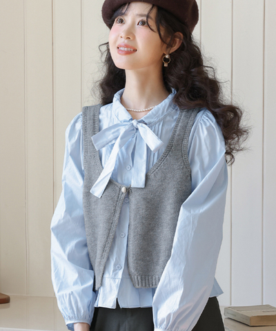 裾プリーツボウタイブラウス＋ショートニットベスト 2点セット