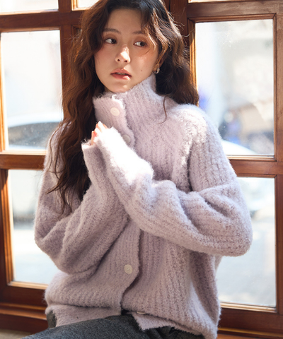 スタンドネックモヘア調オーバーサイズカーディガン