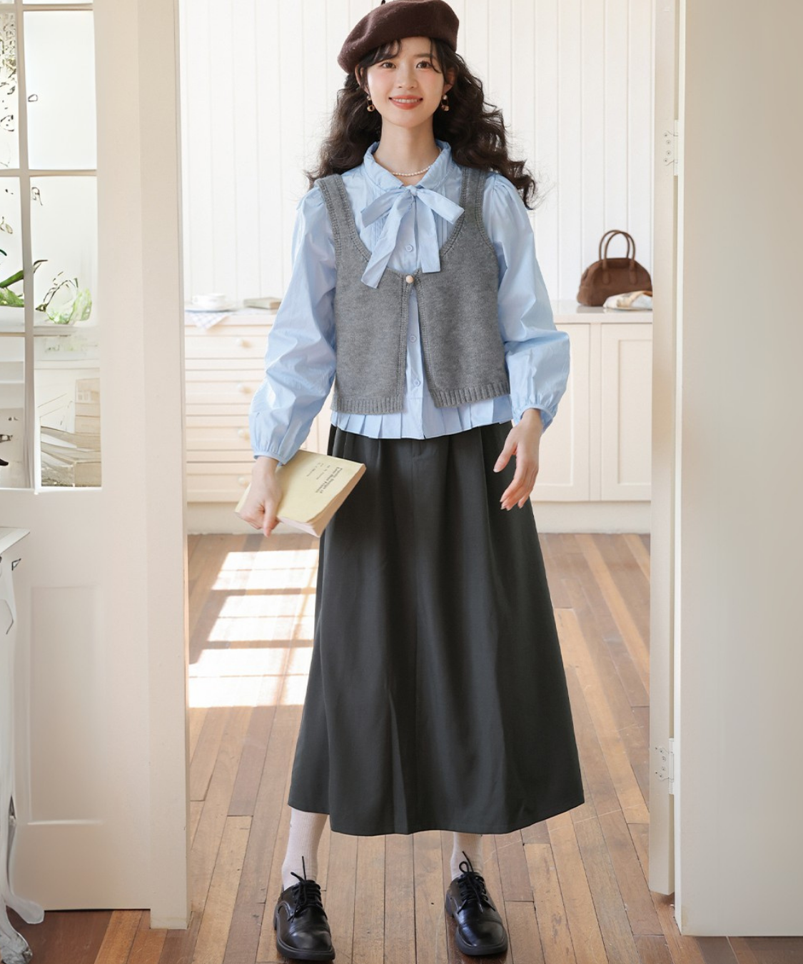 裾プリーツボウタイブラウス＋ショートニットベスト 2点セット
