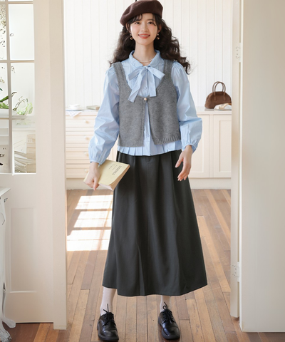 裾プリーツボウタイブラウス＋ショートニットベスト 2点セット