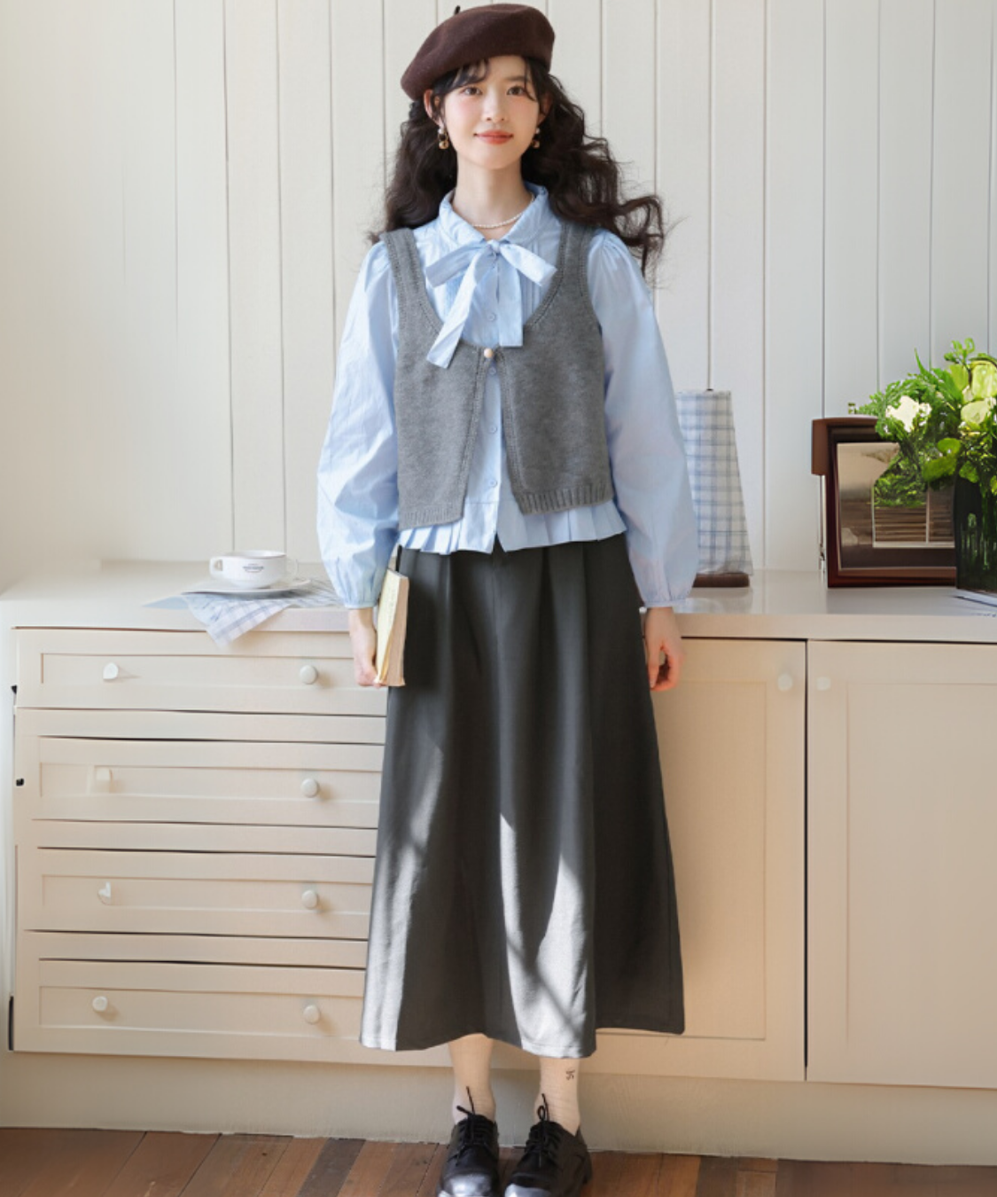 裾プリーツボウタイブラウス＋ショートニットベスト 2点セット