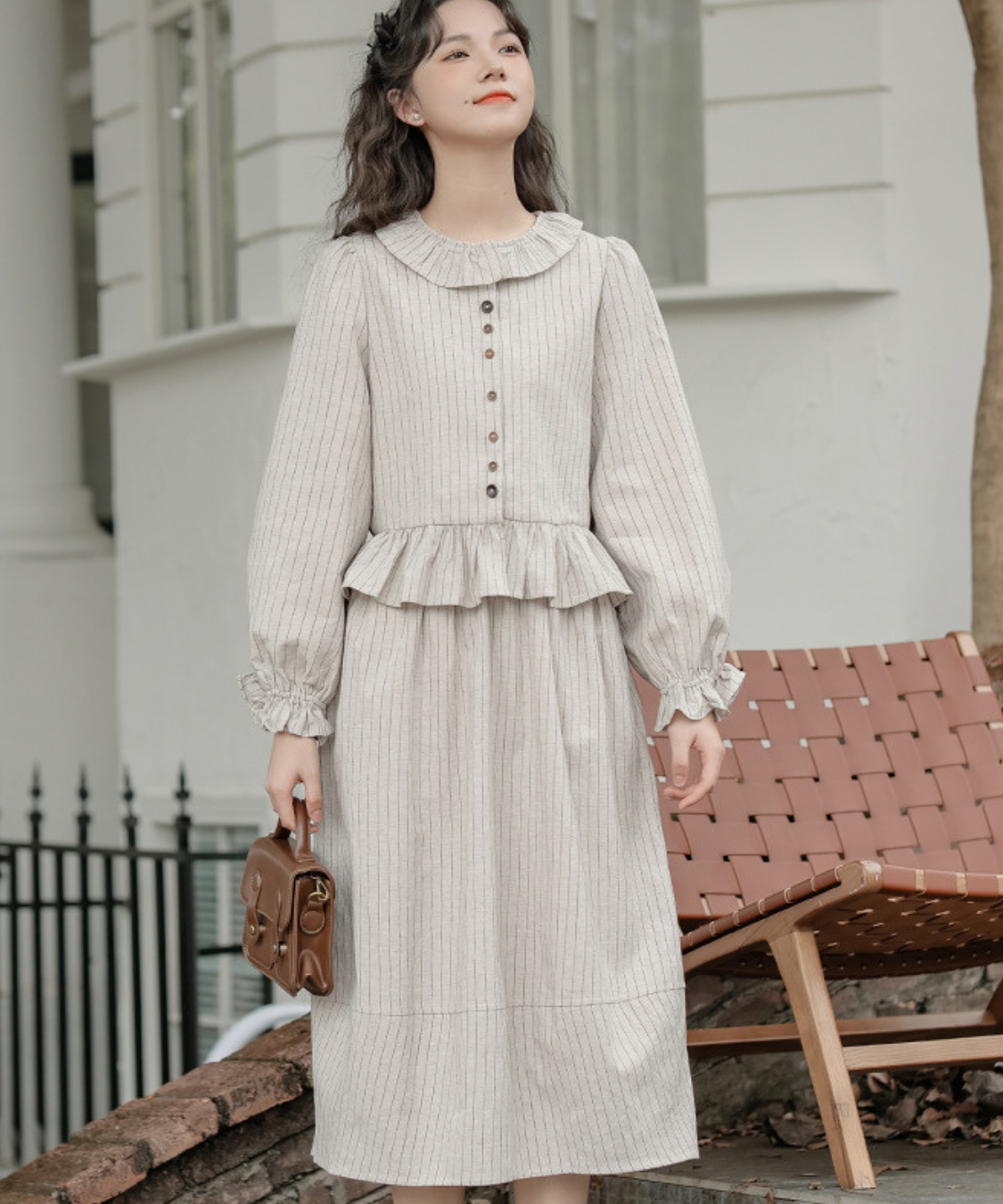 フリル襟ペプラムブラウス＋ストライプフレアスカート 2点セット