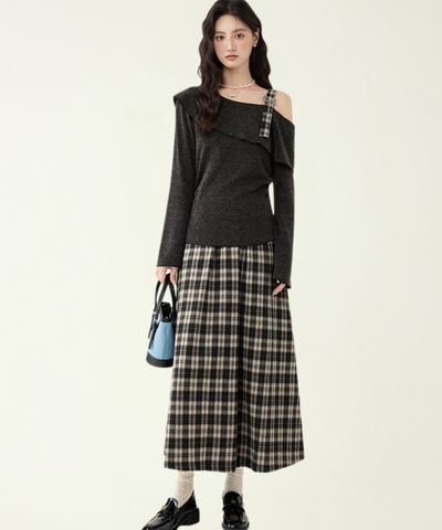 アシンメトリーボートネックトップス＋チェックフレアスカート 2点セット