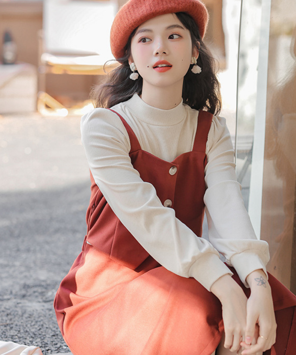 肩紐付きビスチェ風フェイクレイヤードワンピース