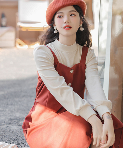 肩紐付きビスチェ風フェイクレイヤードワンピース