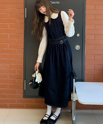 ウエストデザインデニムノースリーブワンピース