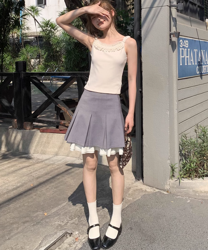パフスリーブガーリーショートトップス+レイヤードスカート