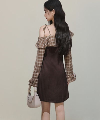 ワンショルダーチェック柄フリルワンピース