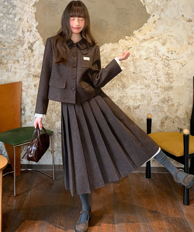 レースレイヤード袖ジャケット＋ボックスプリーツスカート 2点セット