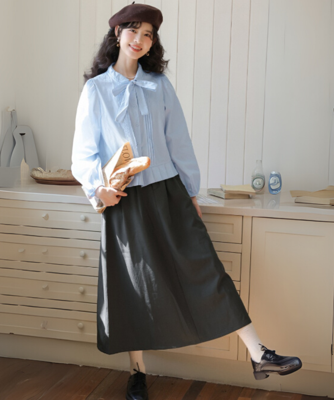 裾プリーツボウタイブラウス＋ショートニットベスト 2点セット